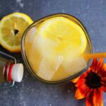 fizzy probiotic lemonade in glass with ice and straw, with fermented lemonade in bottle with stopper behind it