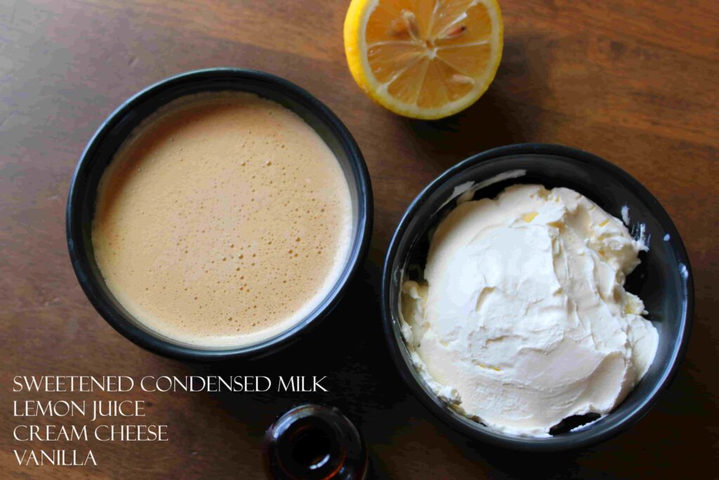 4 ingredient no bake cheesecake ingredients: sweetened condensed milk, lemon juice, cream cheese, vanilla