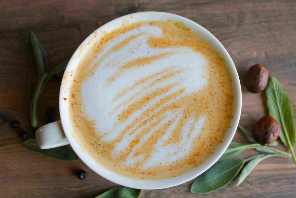 juniper berry latte in mug birds eye view
