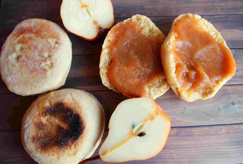 homemade pear butter on english muffins